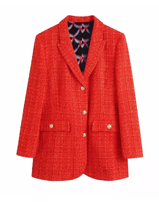 warm shearling coat for women -Red Tweed Long Blazer