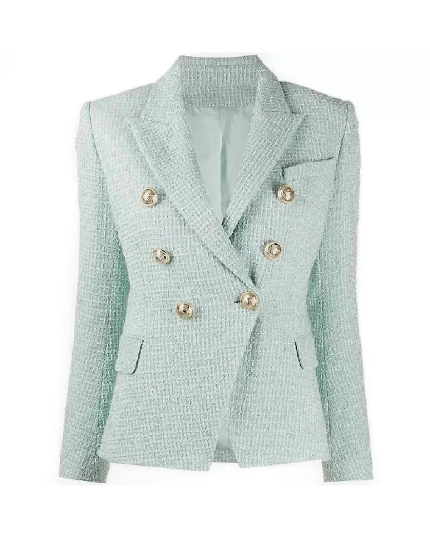 sporty track jacket for women -Gold Button Tweed Blazer In Blue Green