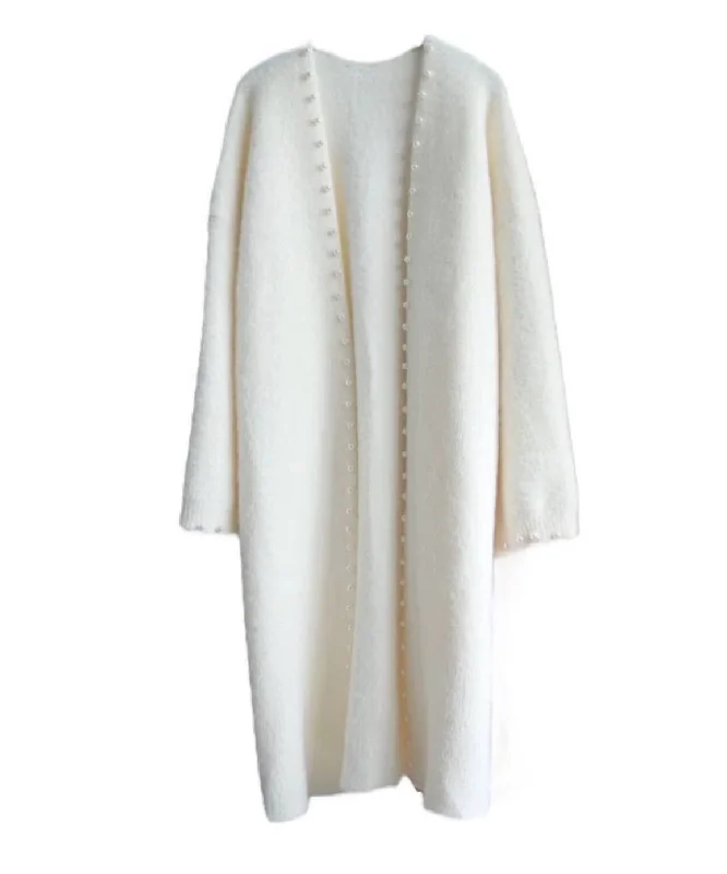 ladies' designer overcoat -Thick Fuzzy Knitted Midi Cardigan With Pearls