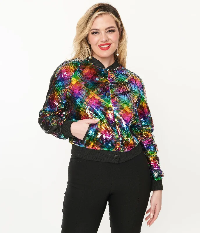 women's faux fur coat -Unique Vintage Rainbow Sequin Satin Bomber Jacket