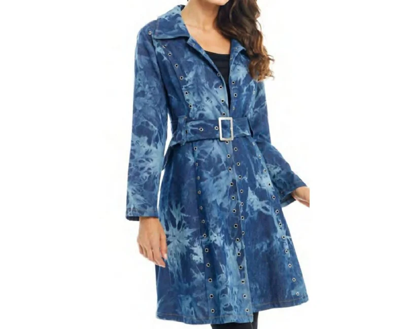 classic camel coat for ladies -Denim Long Blazer With Belt