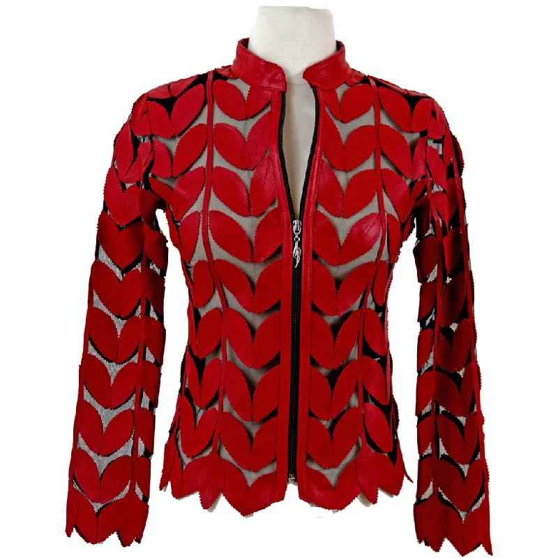 women's casual denim jacket -Belgin Francis Classic Leaf Design Leather Jacket - RED