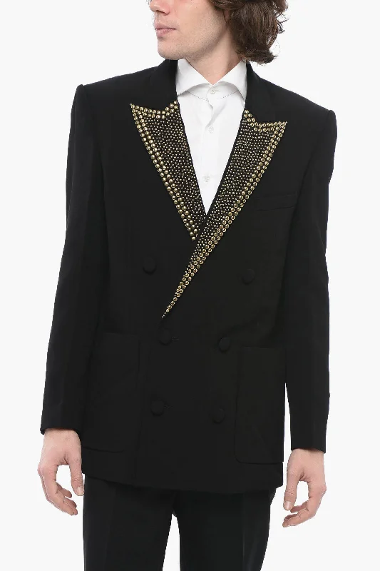 cropped wool blazer for women -Balmain Double-Breasted Viscose Blazer With Studded Peak Lapel