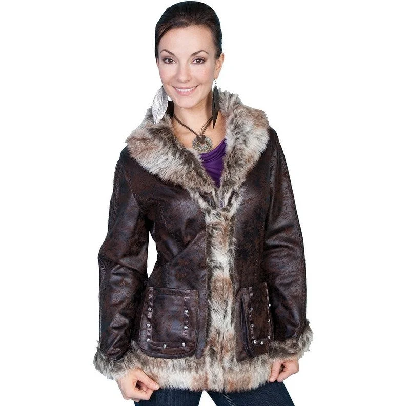 fashionable metallic puffer jacket for women -Scully Western Jacket Womens Honey Creek Very Soft Faux Fur F0_8013