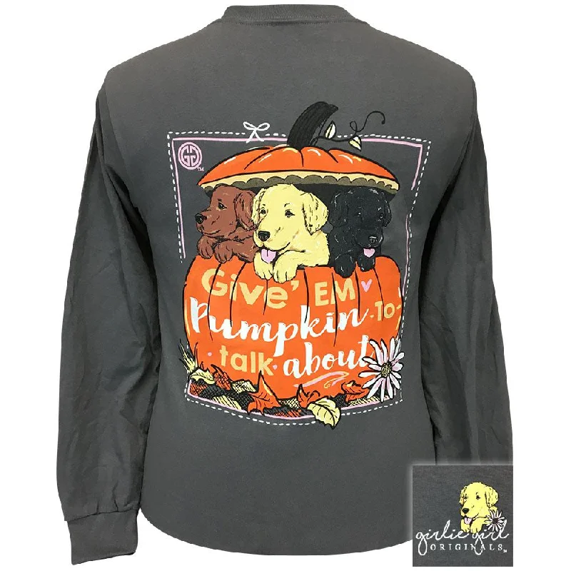 elegant embroidered top for women -Puppy Pumpkin Charcoal LS-2353