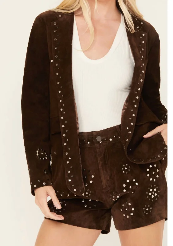 women's lightweight jacket -Suede Studded Jacket In Chocolate Brown