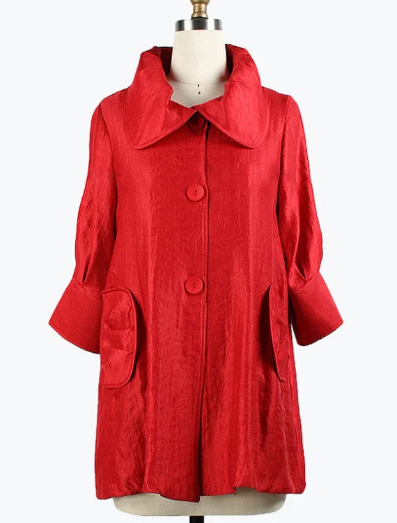 women's mid-length wool coat -DAMEE NYC ROSE RED LONG SWING JACKET WITH POCKETS 200