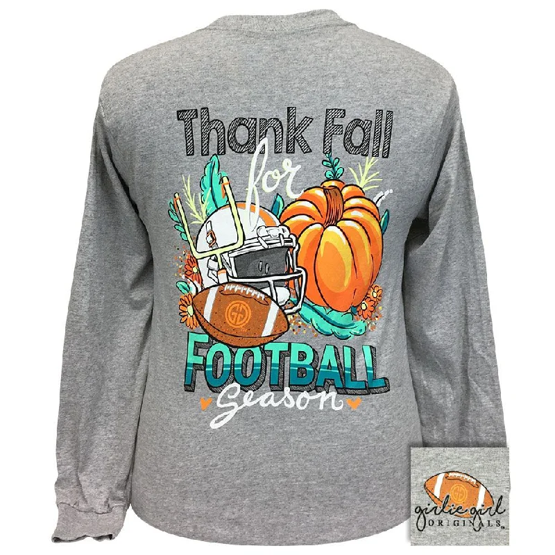 fashionable twisted hem top for women -Thank Fall Football-Sport Grey LS-2332