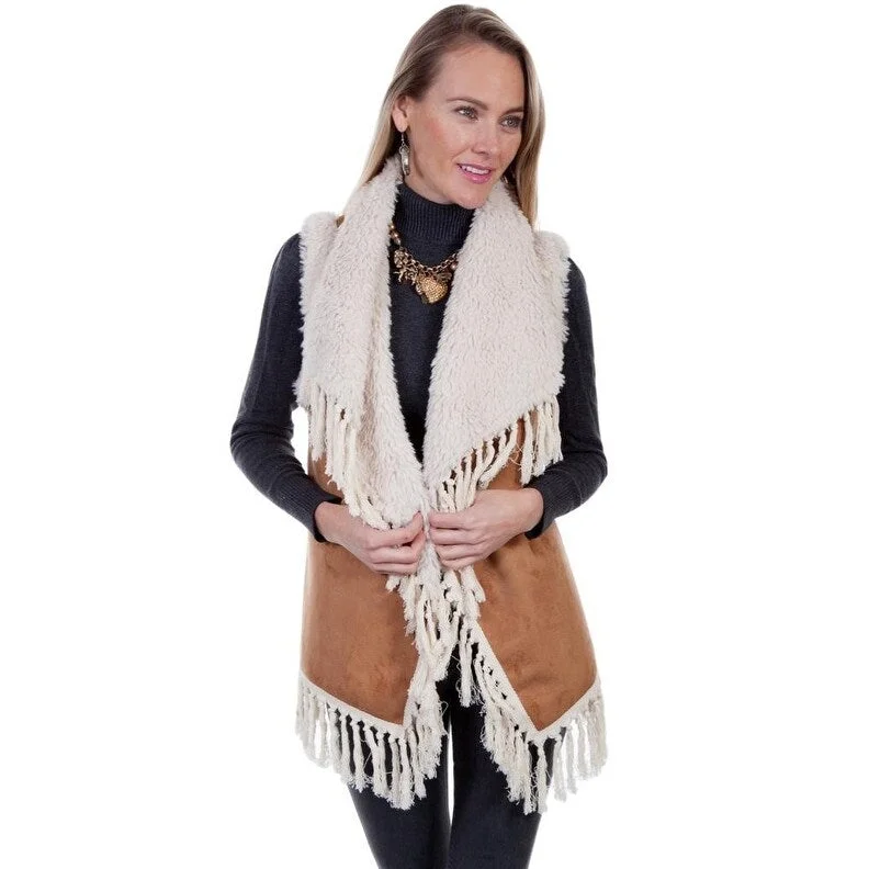 ladies' sporty windbreaker -Scully Western Vest Womens Faux Shearling Knotted Fringe F0_8027