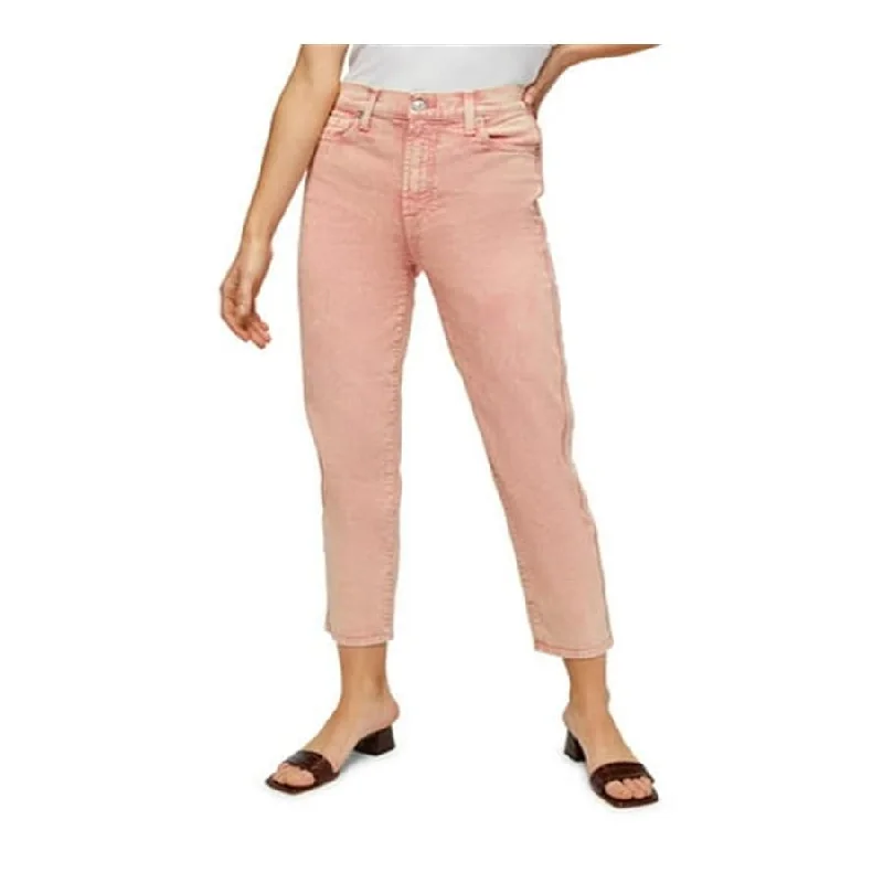 high-rise distressed jeans for women -7 For All Mankind Women's Stretch Pocketed Zippered Crop High Rise Denim Acid Wash Straight Leg Jeans Pink