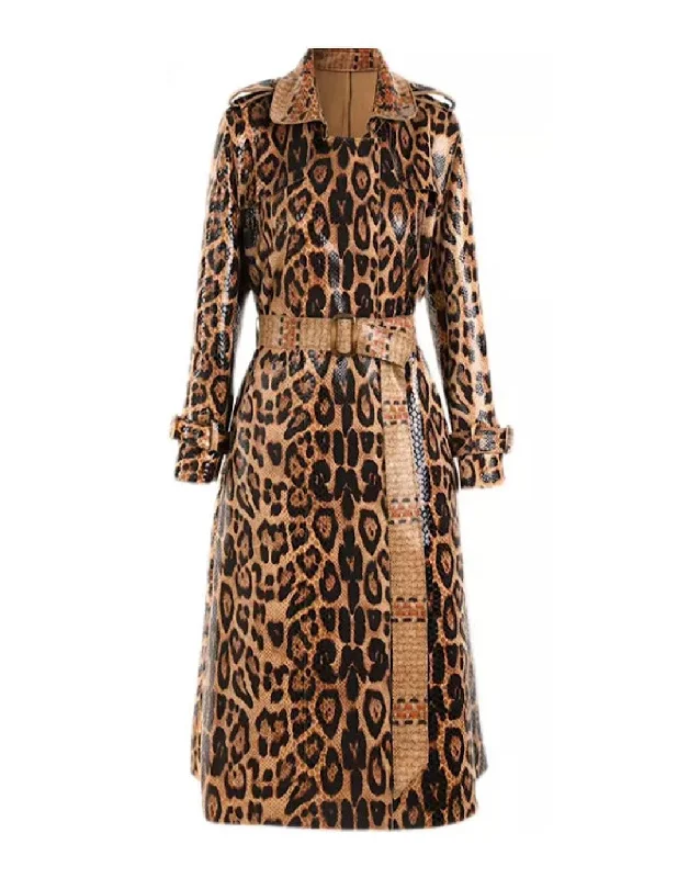 ladies' wool overcoat -PU Leather Snake Pattern Midi Coat