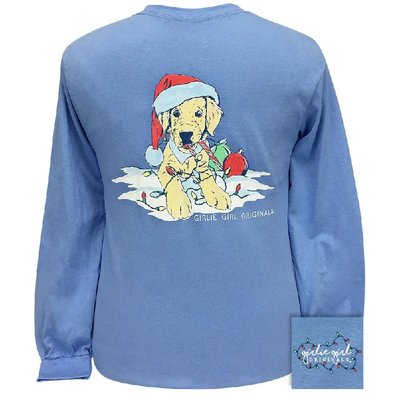 ladies' pastel-colored top -Christmas Puppy-Carolina Blue LS-2331