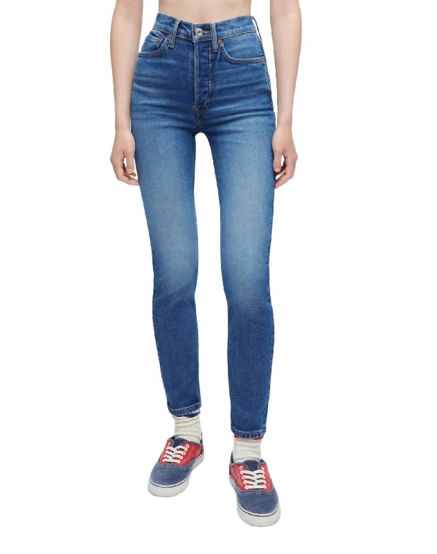 women's ripped high-waisted denim -90S High Rise Ankle Crop Jeans In Cadet Indigo