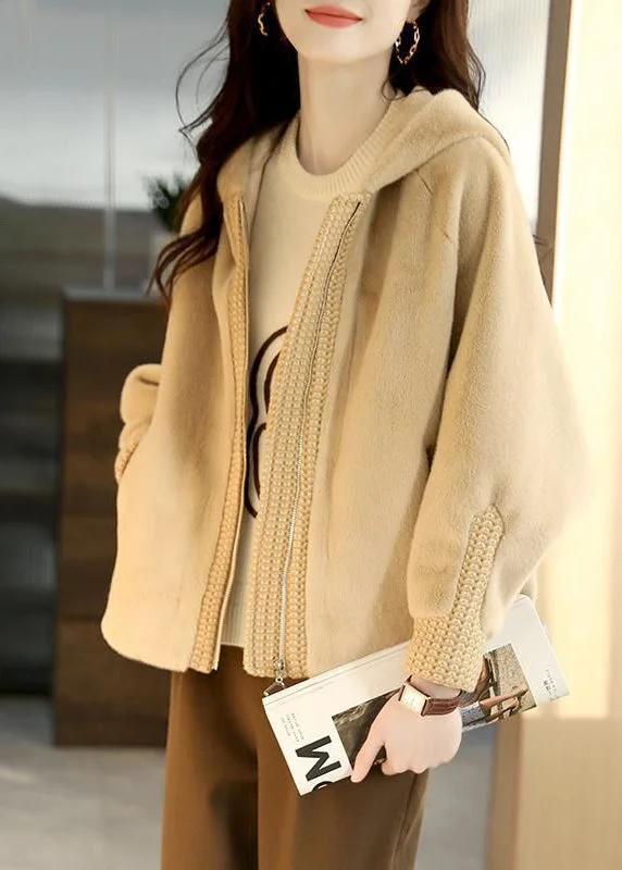 cropped wool blazer for women -Women Apricot Hooded Patchwork Faux Fur Coats Winter