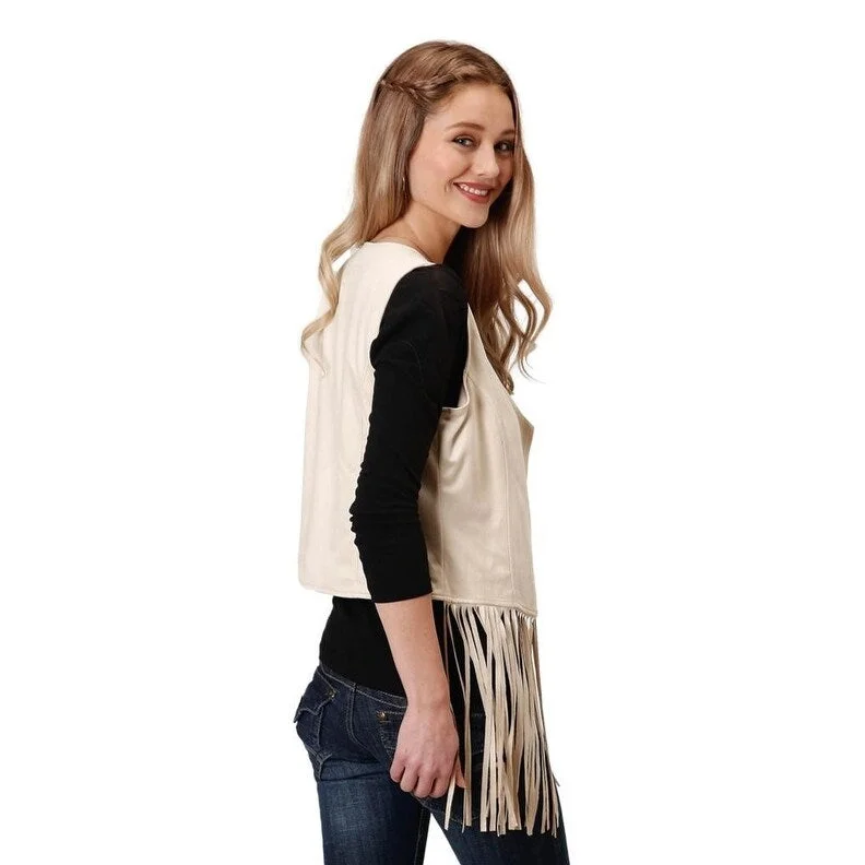 double-layered long coat for women -Roper Western Vest Womens Fringe Faux Suede White 03-074-0539-6003 WH