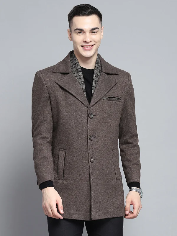 lightweight quilted jacket for women -Men Brown Solid Notch Lapel Collar Full Sleeve Coat