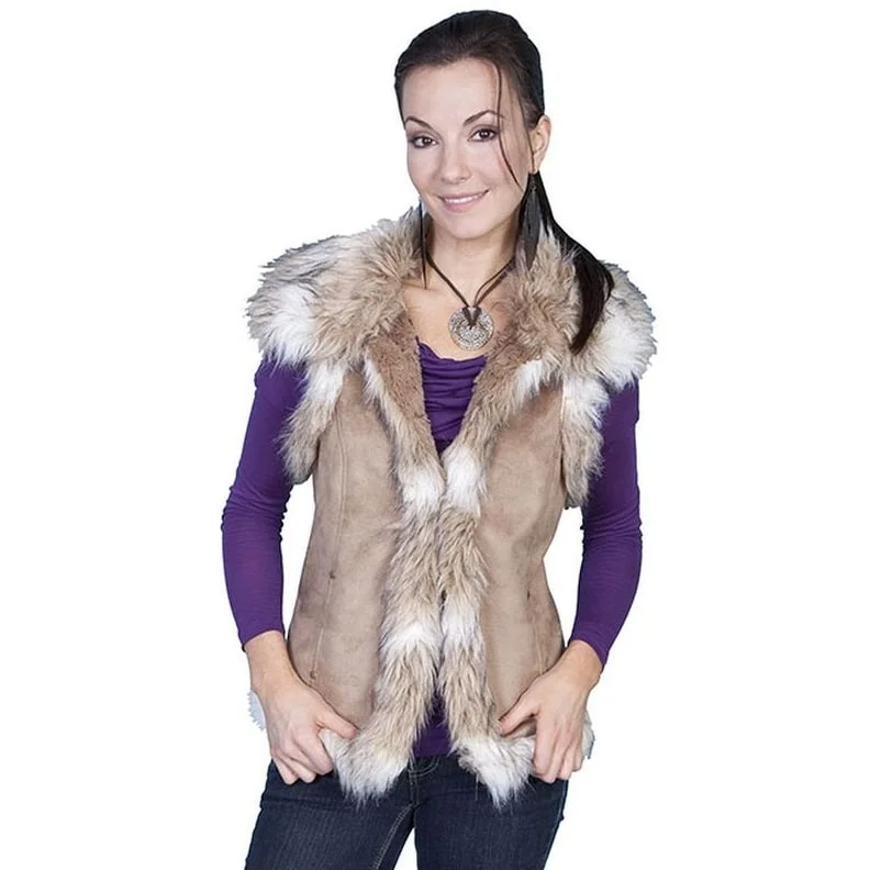 warm alpaca wool coat for ladies -Scully Western Vest Womens Honey Creek Faux Fur Suede Hook Eye F0_8023