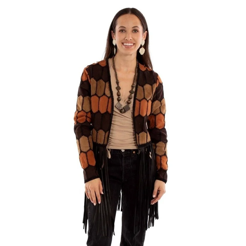 elegant long coat for women -Scully Western Jacket Womens Leather Patch Fringe Multi F0_L1138