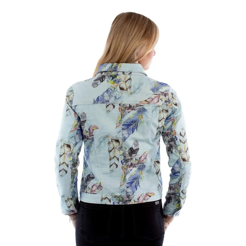 urban style cropped puffer jacket -Scully Western Jacket Womens Feather Print Denim Light Blue F0_HC960