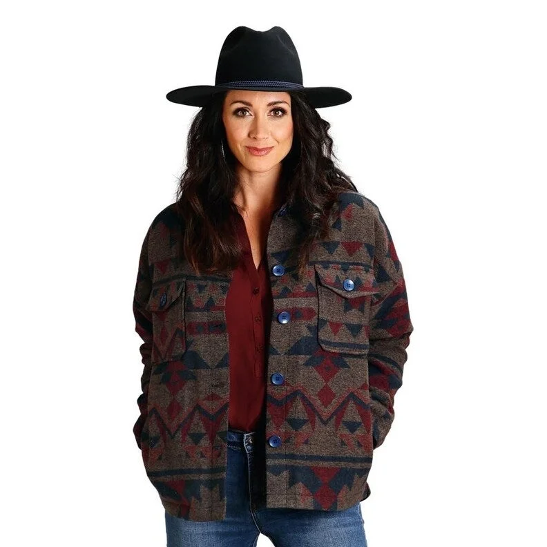 military-style coat for women -Stetson Western Jacket Womens Aztec Sherpa Blue 11-096-0539-7031 BU