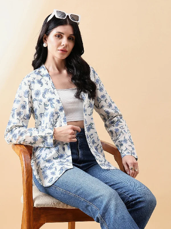 ladies' faux suede jacket -Front Open Cambric Printed Jacket- white and blue