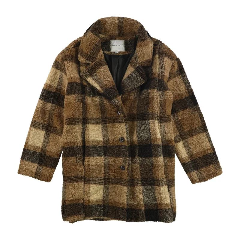 women's mid-length wool coat -American Eagle Womens Plaid Coat, Brown, X-Large