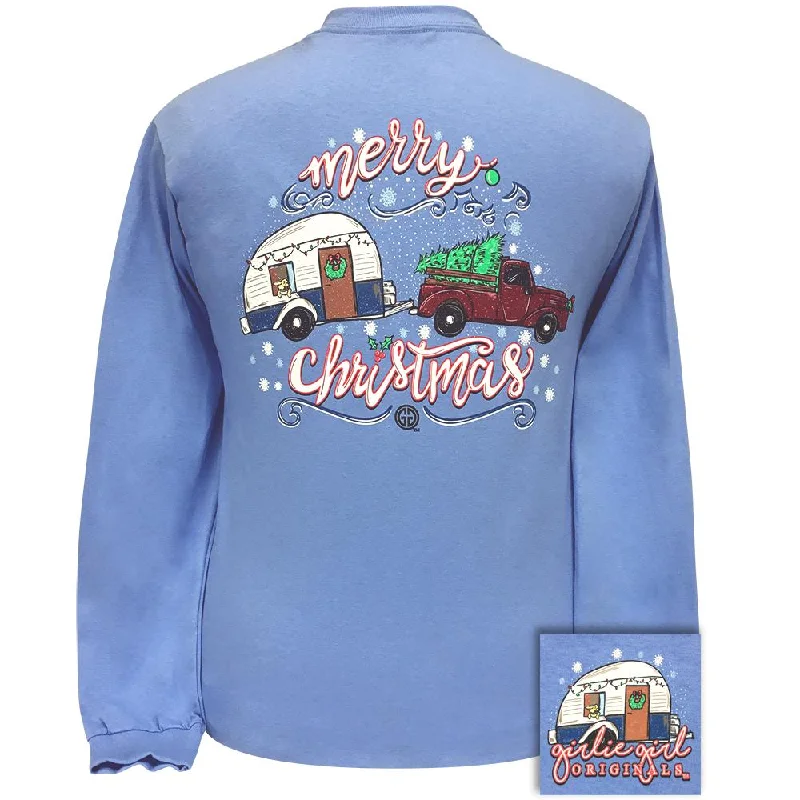 stylish animal print top for women -Christmas Trailer-Carolina Blue LS-2171