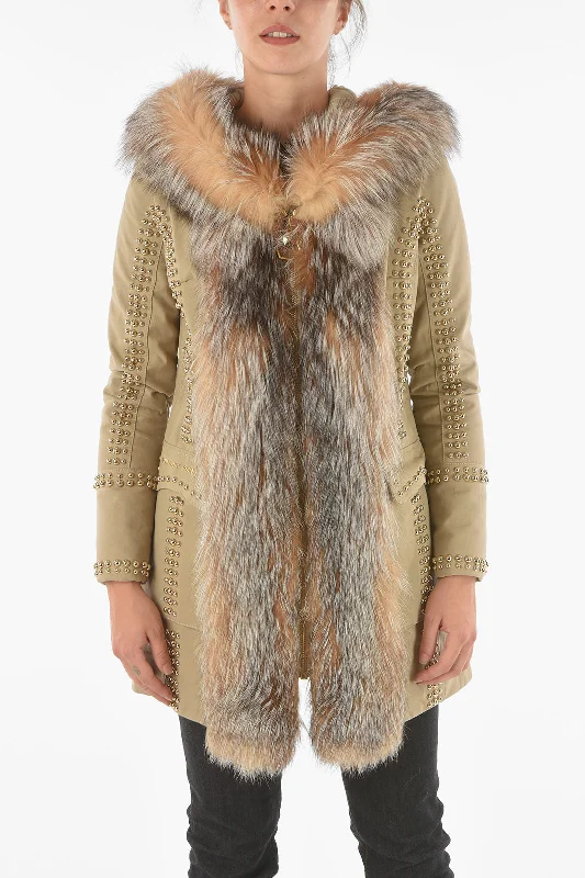 versatile casual coat for women -Philipp Plein COUTURE Studded Fox Fur Edged AMAZING FUR Parka