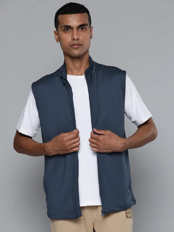 women's travel-friendly jacket -Alcis Men Blue Running Sleeveless Bomber Jacket