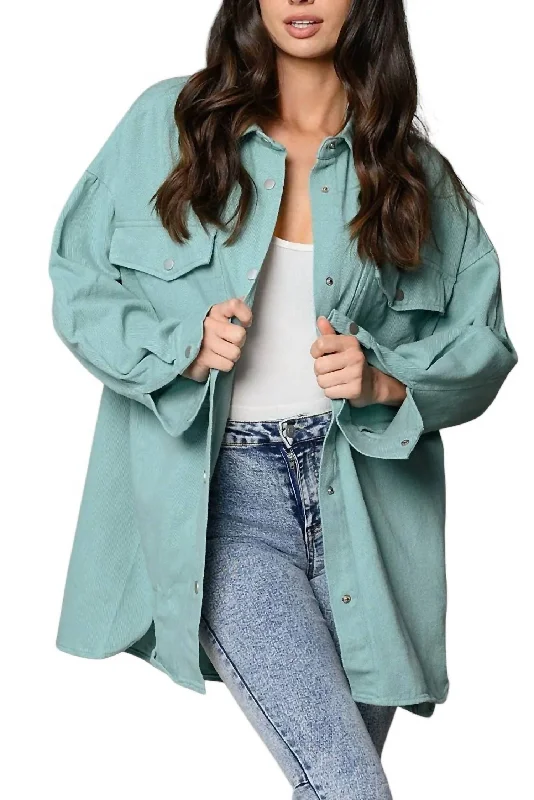 elegant long coat for women -Denim Button Up Shacket In Blue