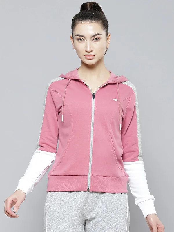 women's teddy bear coat -Alcis Women Pink White Solid Cotton Hooded Regular Outdoor Sporty Jacket