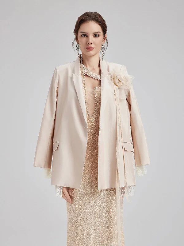 ladies' waterfall drape coat -Handmade 3D Floral Lace Satin Blazer