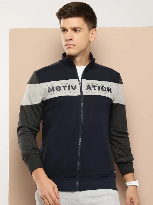 casual linen jacket for women -Alcis Men Navy Blue Grey Colourblocked Typography Cotton Sporty Jacket