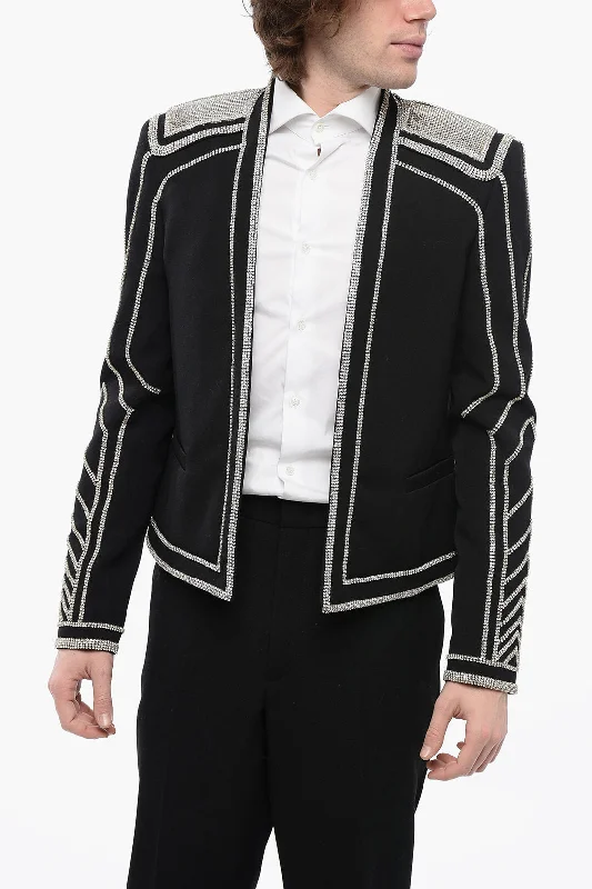 urban streetwear jacket for women -Balmain Reverless Wool Blazer With All-Over Rhinestones