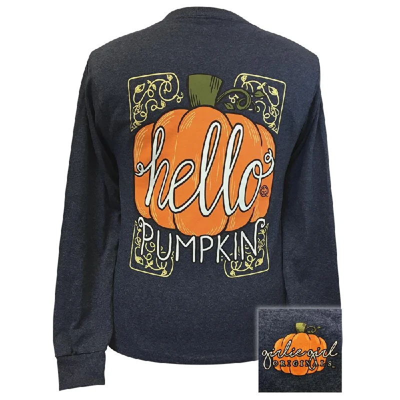 classic collared shirt for ladies -Hello Pumpkin-Vintage Heather Navy LS-2127