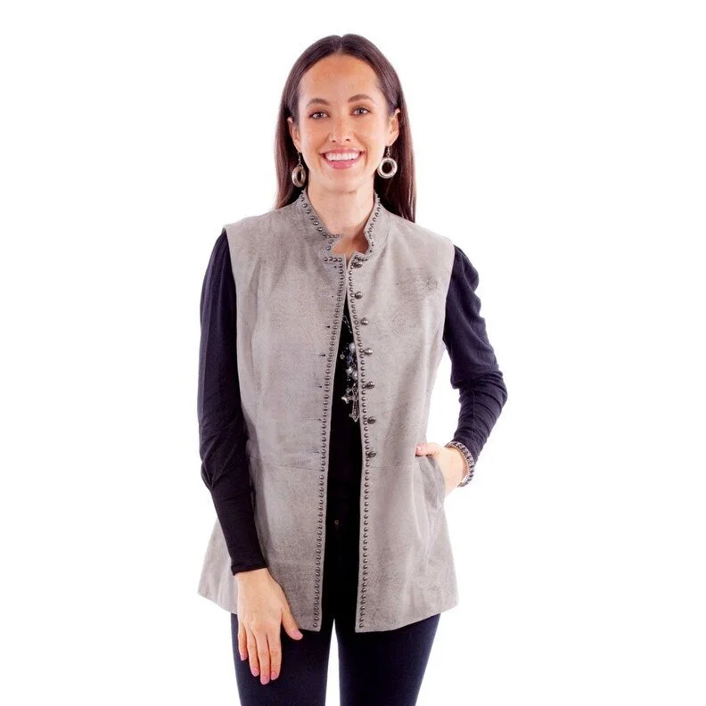 stylish fleece-lined coat for women -Scully Western Vest Womens Suede Leather Studded Button Gray F0_L1099