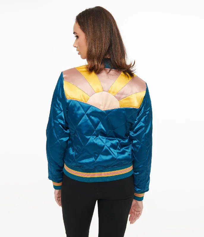 women's relaxed fit blazer -Classic Rock Couture 1970s Teal Peacock Rising Sun Chainstitch Bomber Jacket