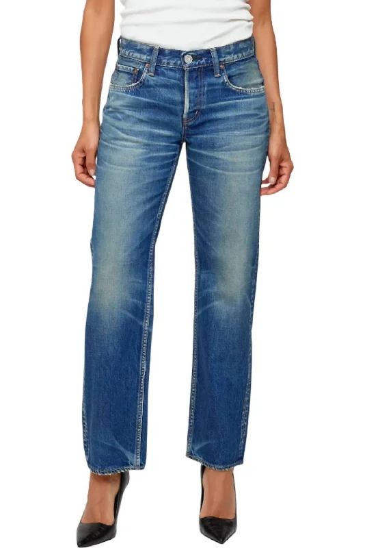 ladies' cropped wide-leg jeans -Minneola Low Rise Straight Jeans In Dark Blue