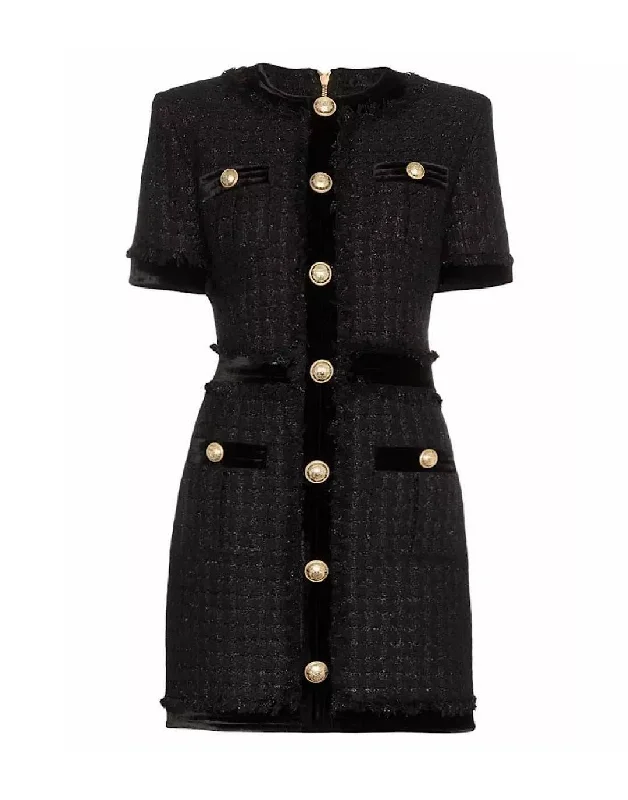 women's stylish blazer -Black Tweed Knit Gold Button Dress