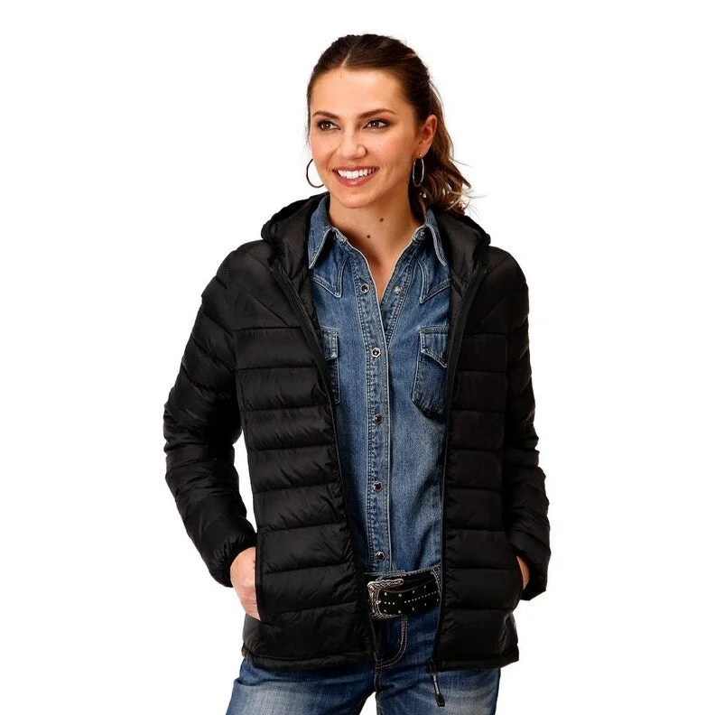 women's waterproof raincoat -Roper Western Jacket Womens Quilted Zip Hood Black 03-098-0693-6137 BL