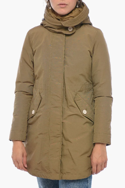 sustainable eco-friendly coat for women -Woolrich Nylon MILITARY Down Jacket with Hidden Closure