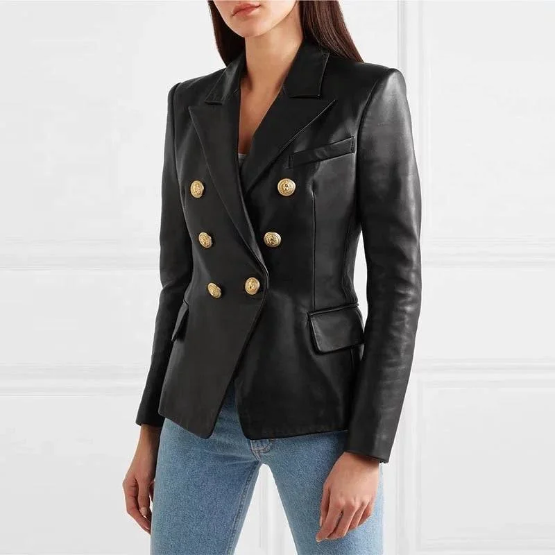 elegant long coat for women -Lambskin Leather Gold Trimmed Blazer Jacket