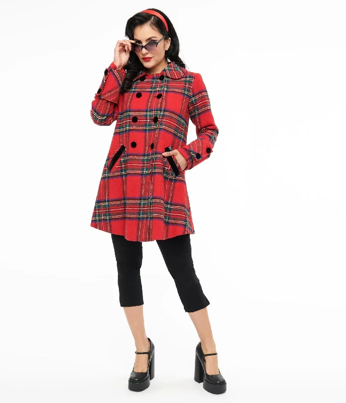 ladies' wool overcoat -Unique Vintage 1960s Red Plaid Peacoat