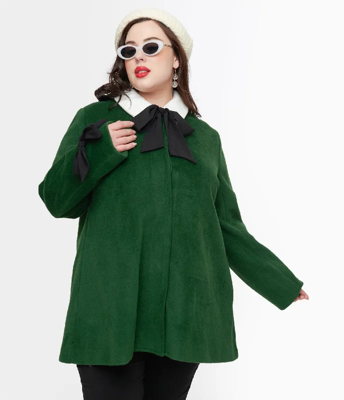 breathable softshell jacket for women -Smak Parlour Plus Size 1960s Green & Black Bows Topper Coat