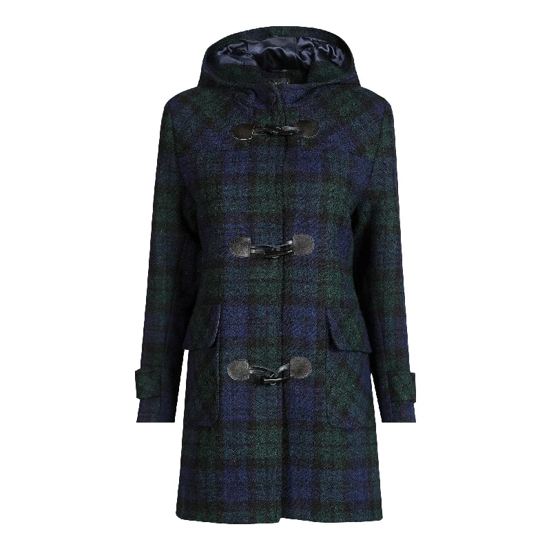 sleek satin bomber jacket for women -Ladies Harris Tweed Duffle Coat in Black Watch