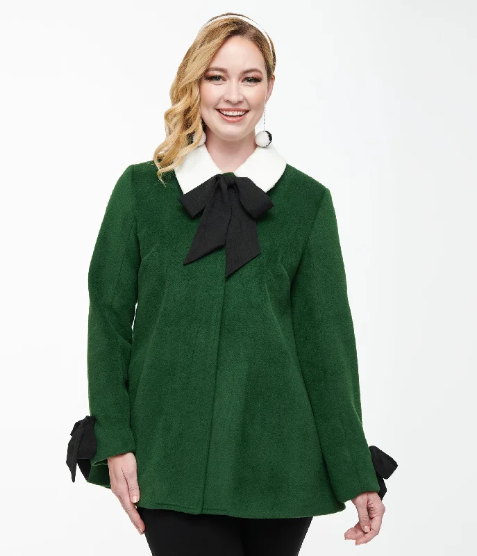 women's fur-trimmed parka -Smak Parlour 1960s Green & Black Bows Topper Coat