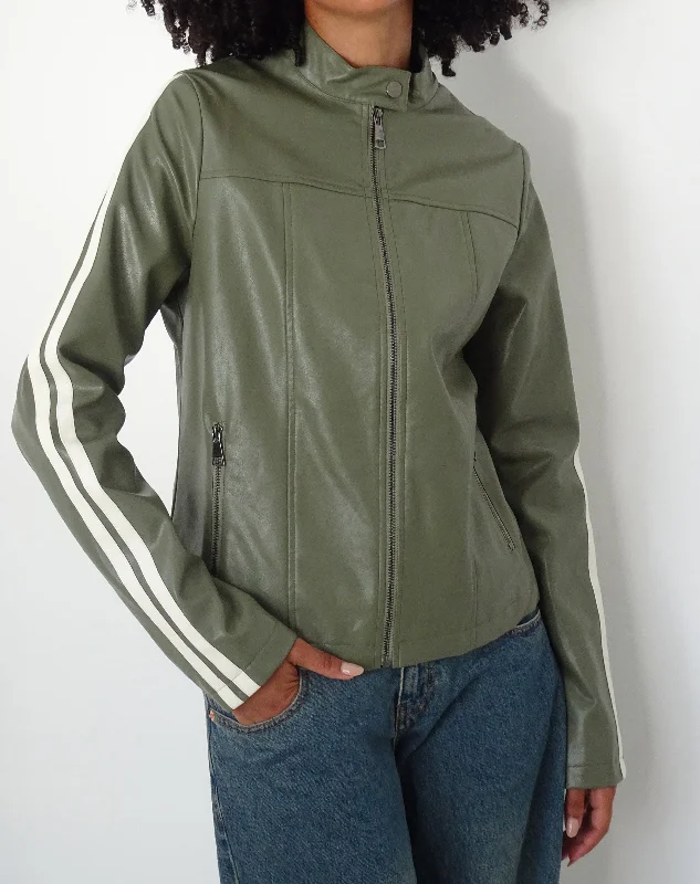 ladies' faux suede jacket -Jacquie Zip Up Biker Jacket in PU Green with Ivory Stripe