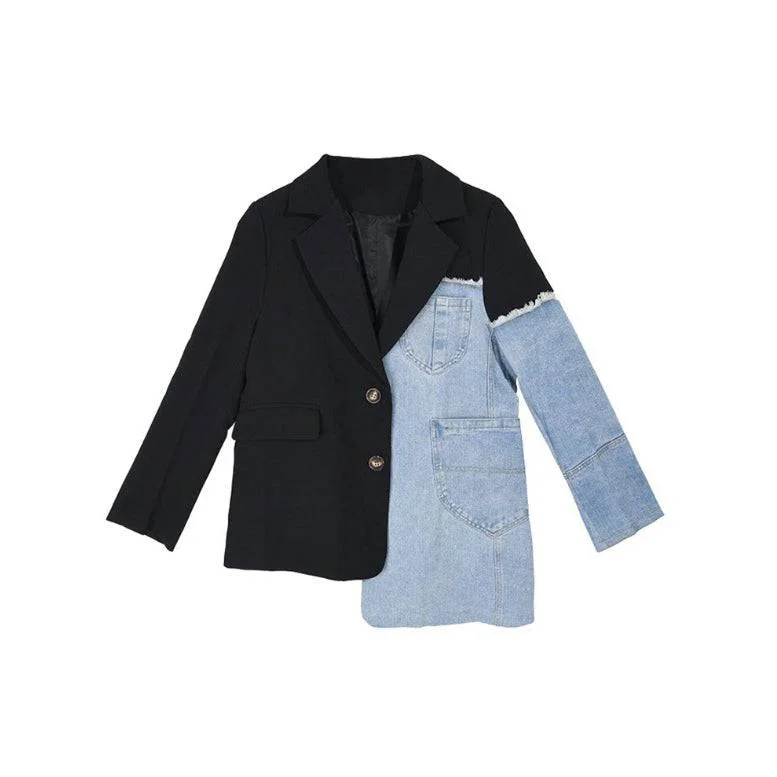 women's reversible coat -Alessia Irregular Denim Patchwork Blazer