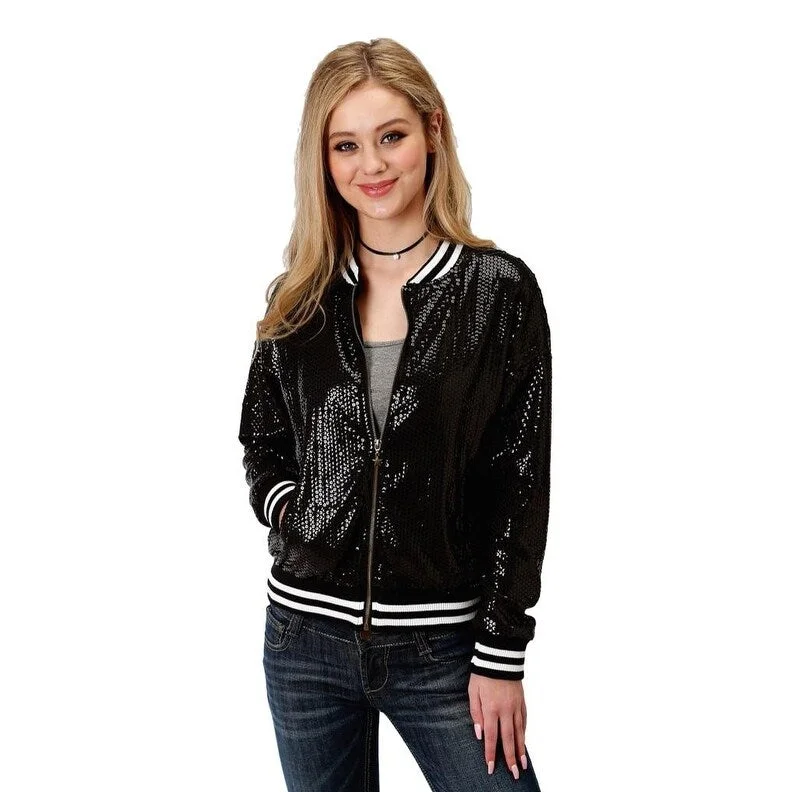 casual zip-up hoodie jacket for women -Roper Western Jacket Womens Zip Sequin Black 03-098-0565-6049 BL