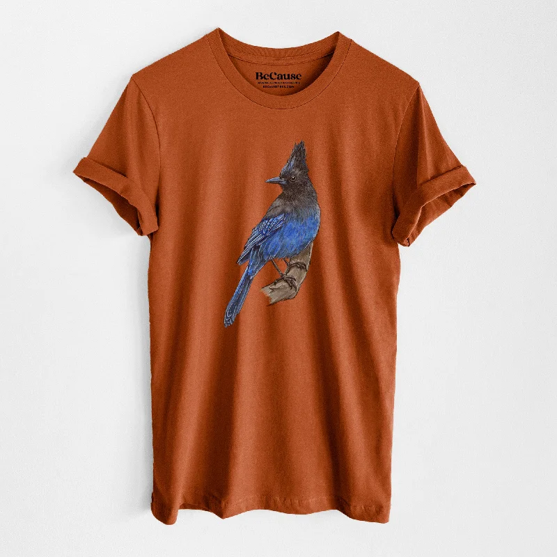 women's embroidered boho blouse -Vibrant Coastal Steller's Jay - Cyanocitta stelleri - Lightweight 100% Cotton Unisex Crewneck